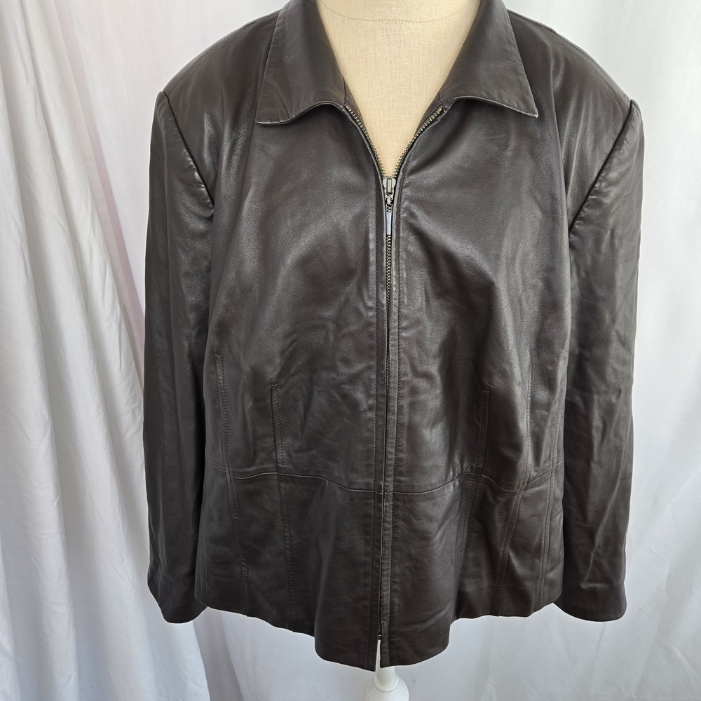 Talbots Womens Petite Vtg Brown Leather Jacket Size 20W Full Zip Quiet Luxury